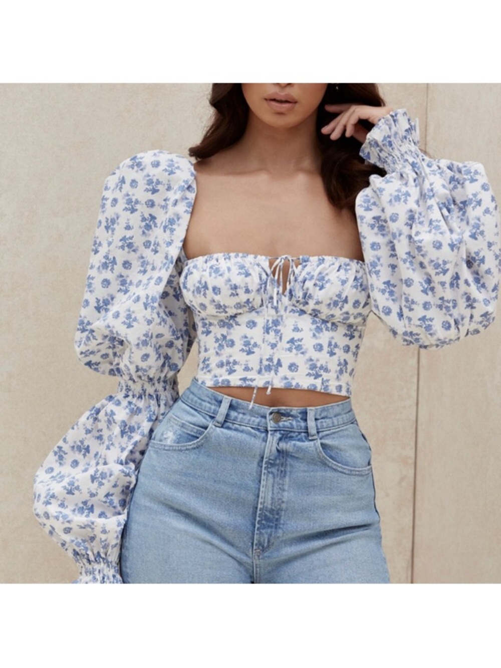 House of CB Blue & White Floral Puff-Sleeve Crop Top